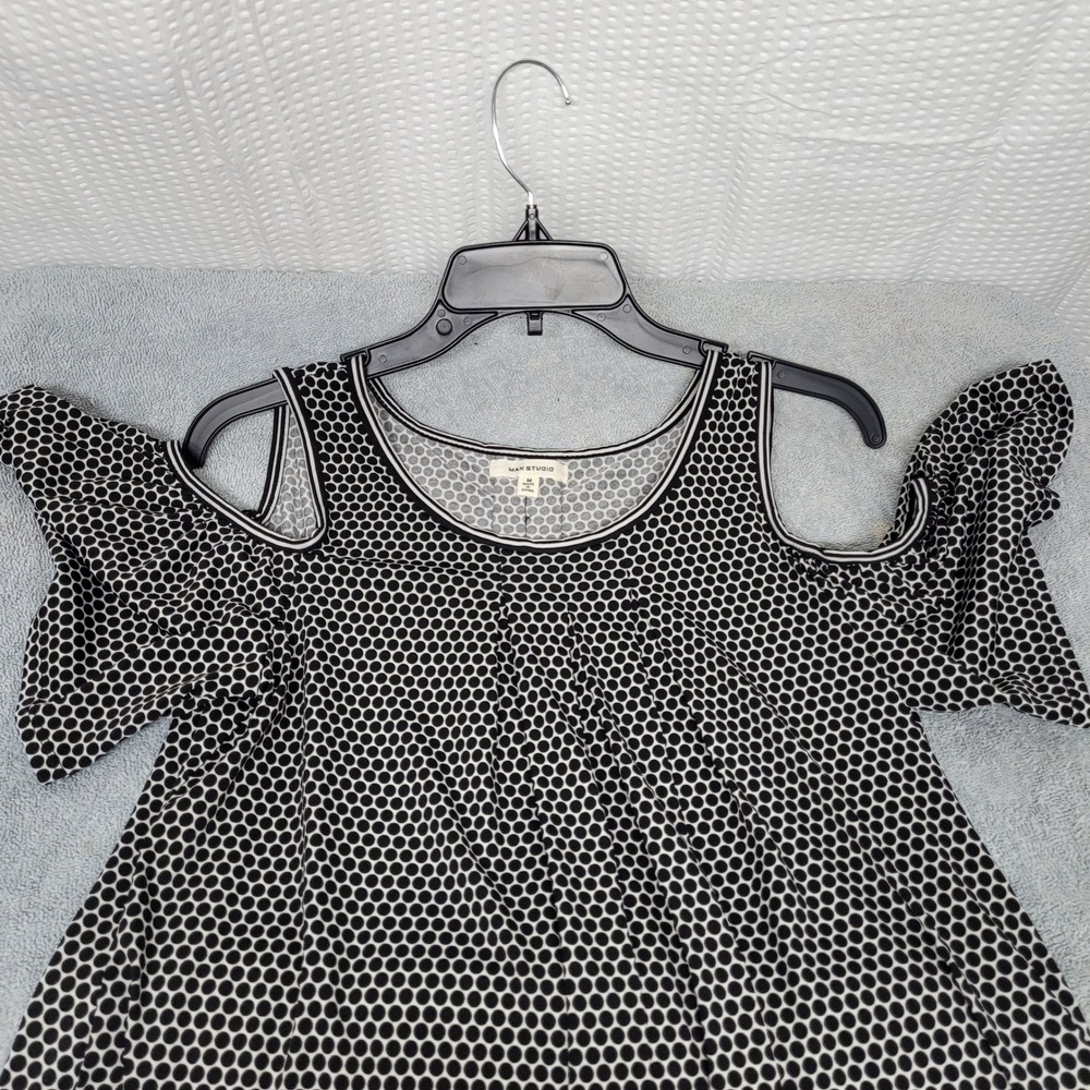 Max Studio Womens Black White Geometric Dot Cold Shoulder Blouse Top Size M